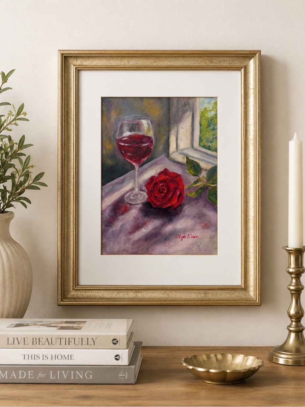Original Still Life Wine & Rose Oil Painting Signed 8”x10” Canvas Board Unframed